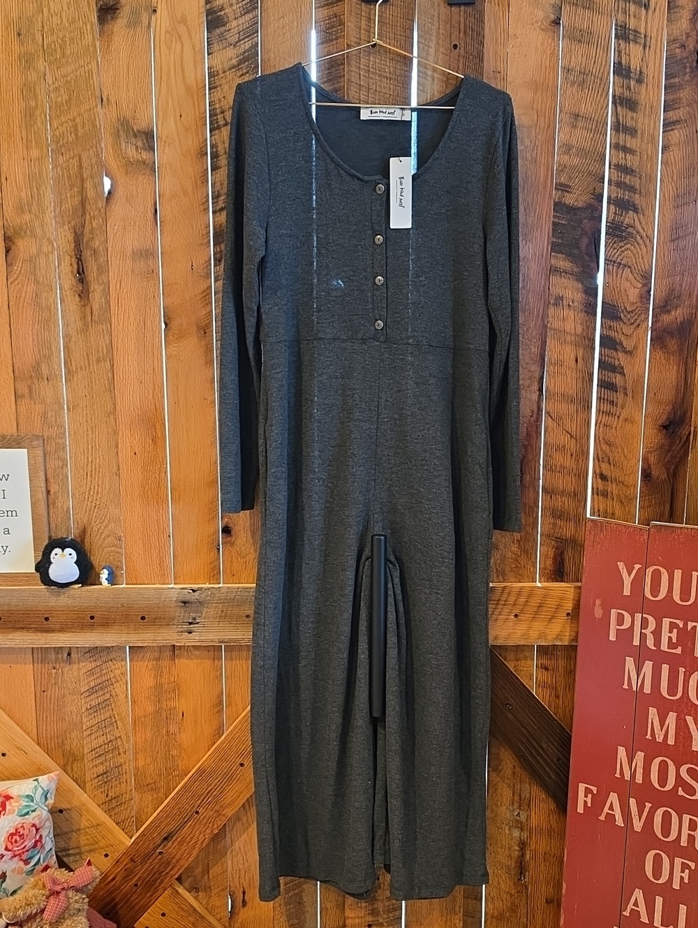 114p Three Bird Nest Charcoal Button-Front Jumpsuit W Side Pockets